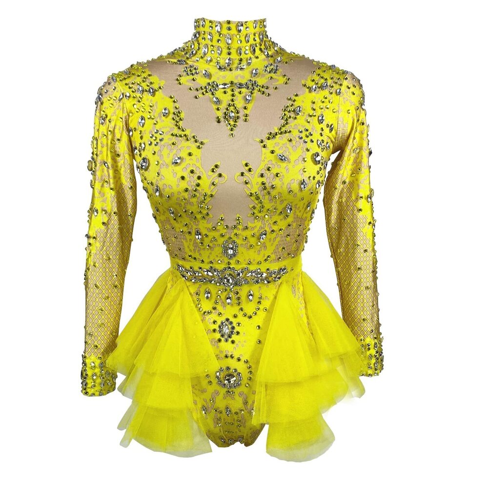 6819 Festival Rhinestone Team Bodysuit Ruffle Big Stretch Nightclub Prom